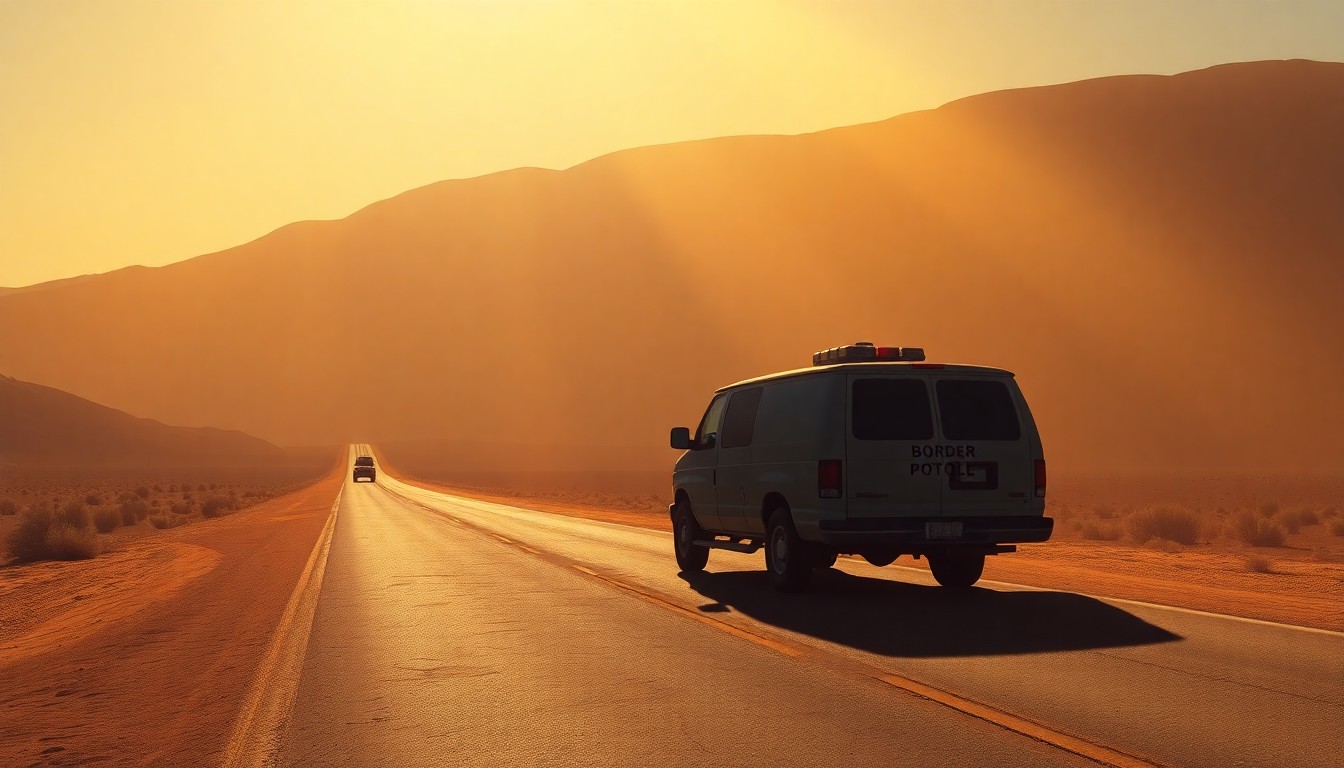 A serene, cinematic painting of a lone border patrol vehicle on a deserted road, with warm sunlight and deep shadows creating a contemplative mood.