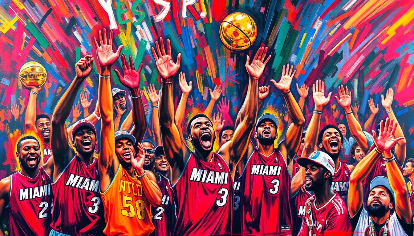 An abstract, energetic painting featuring bold, neon-colored brushstrokes that capture the raw emotion and excitement of the Miami Heat's championship celebration.