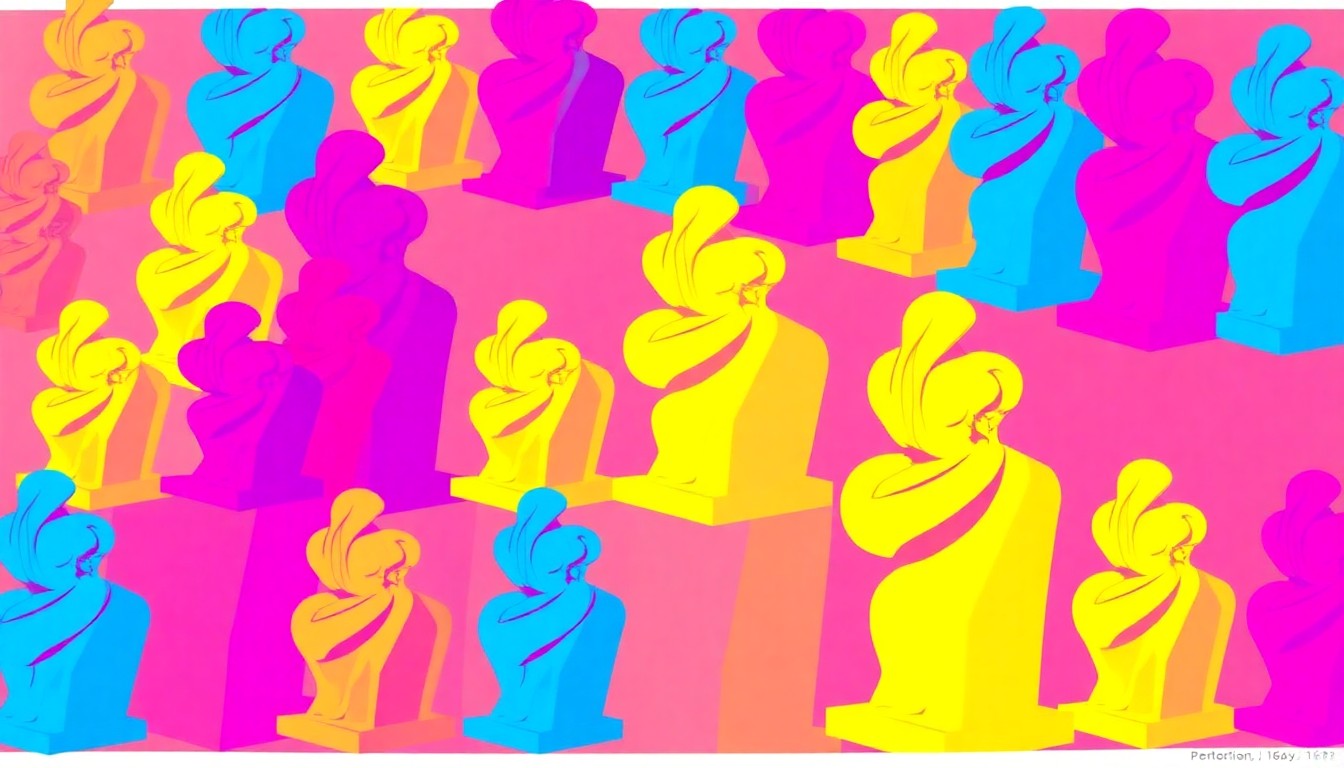 A bold, abstract silkscreen illustration featuring a repeated geometric sculpture shape in a grid of neon blue, pink, and yellow, conceptually representing the divisive public discourse surrounding the costly public art installation.