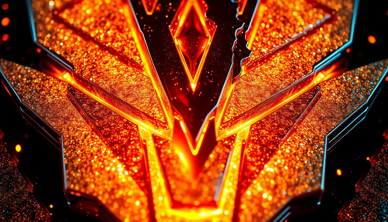 An extreme close-up of a shattered, glittering Decepticon emblem reflecting a fiery, metallic texture, conceptually representing the corrupting power at the heart of the Transformers universe.