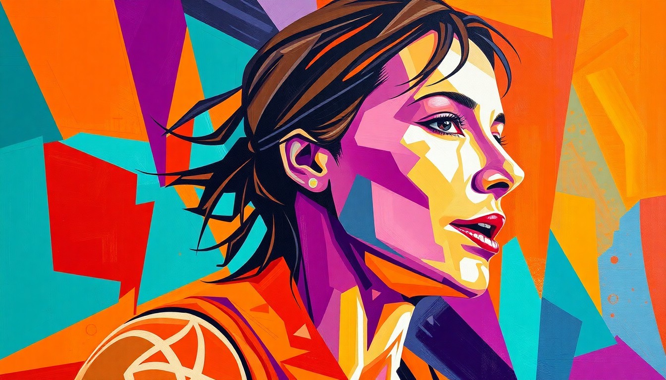 A fractured, geometric painting in vibrant colors representing Diana Taurasi's illustrious basketball career with the Phoenix Mercury, breaking down her achievements into overlapping planes.