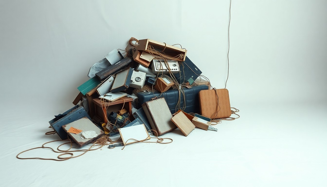 A minimalist studio still life photograph featuring a pile of discarded trash, broken furniture, and tangled electrical cords on a clean, monochromatic background, conceptually representing the unsafe and unsanitary conditions described in the story about RV encampments disrupting local businesses in Pacoima, Los Angeles.