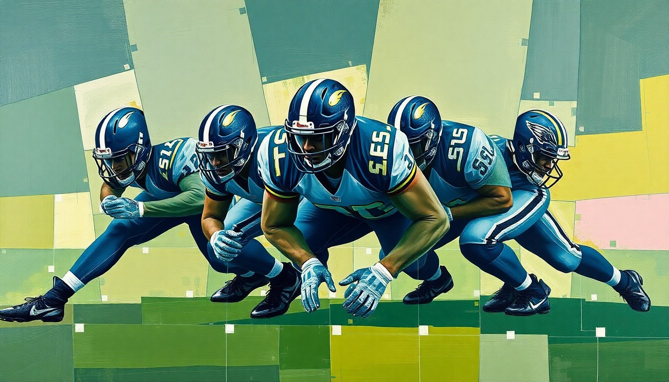 A cubist-style painting depicting an offensive line broken down into sharp, overlapping geometric shapes in shades of navy, grey, and green, conceptually representing the Giants' strategic shift toward a more physical, power-based offensive line.