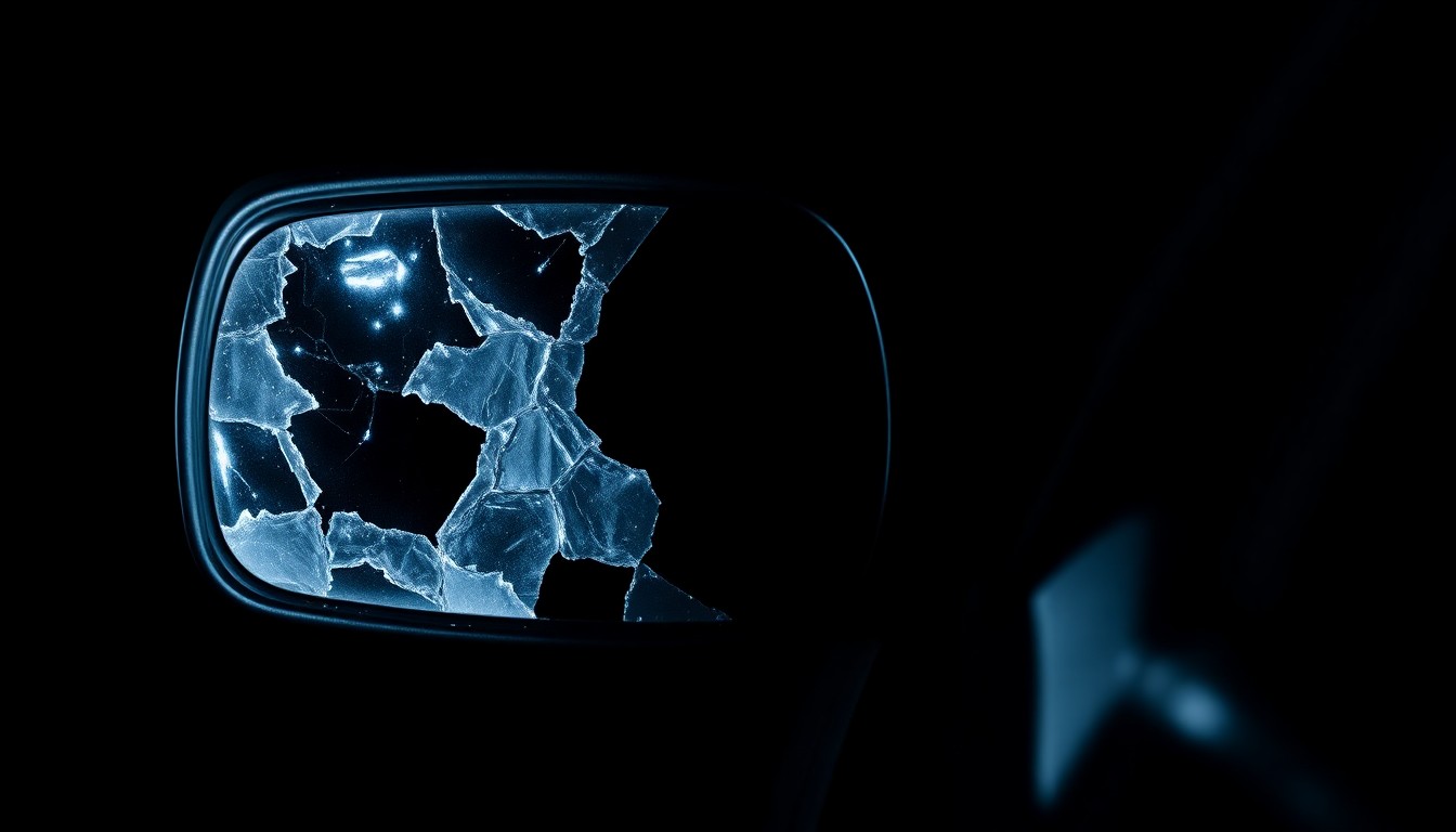 An extreme close-up of a damaged car side mirror, the harsh flash creating a stark, gritty aesthetic that conceptually illustrates the road safety issues in the Sun Lakes community.