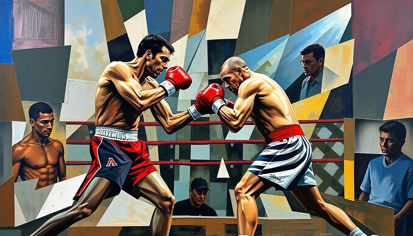 A fragmented, geometric painting depicting the dynamic movements and power of a boxing match, with no recognizable figures or text.