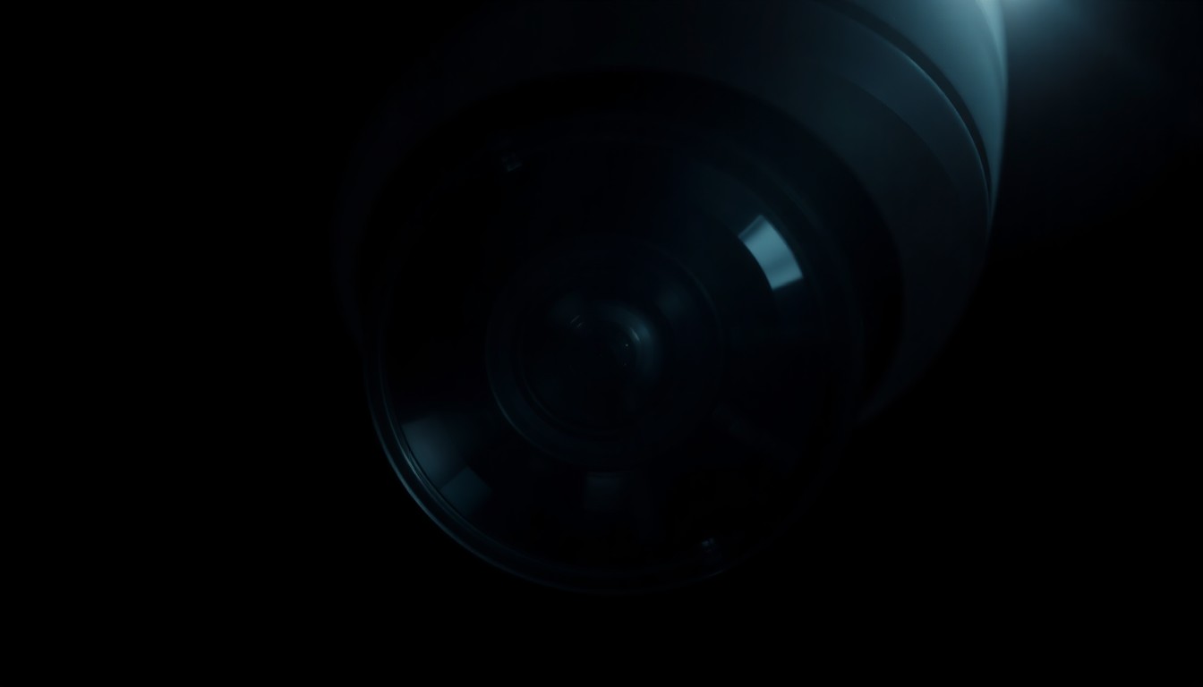 An extreme close-up of a home security camera lens, its metallic surface reflecting a harsh, direct flash of light, conveying a sense of sudden, gritty investigation into an unexplained home invasion.