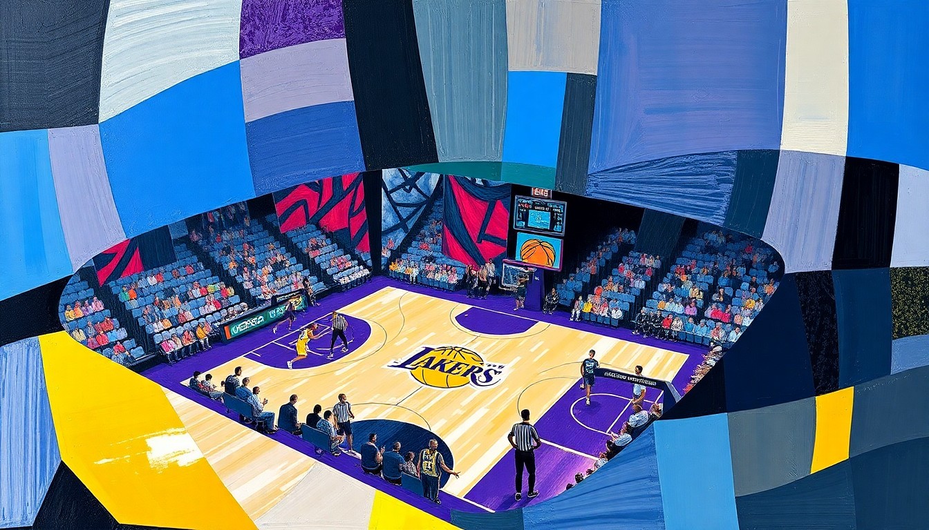 A fractured, cubist-style painting depicting the dynamic action of a basketball game, with players and the court rendered in sharp, overlapping geometric shapes and planes of color.