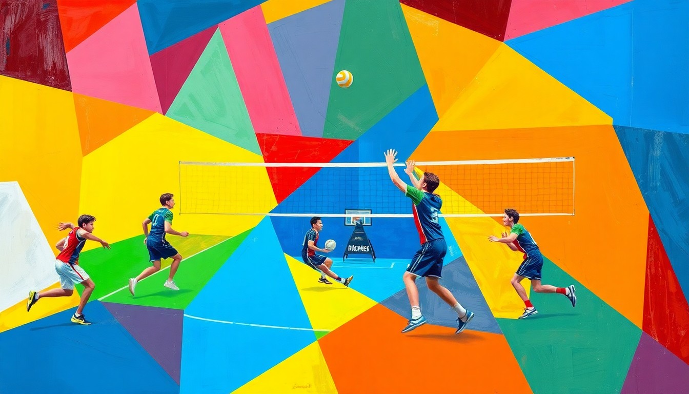 A fragmented, geometric painting depicting the dynamic movements and competition of a high school boys volleyball match, with sharp planes of bright red, blue, and yellow colors overlapping to create a sense of energy and intensity.