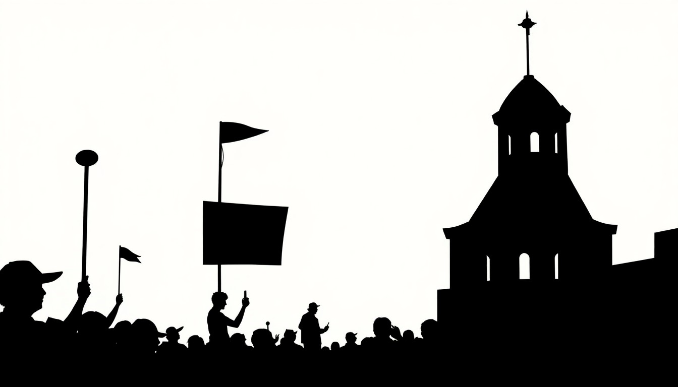 An abstract illustration using bold, geometric shapes and high-contrast colors to represent the interconnected themes of popular culture, nostalgia, and civic rituals.