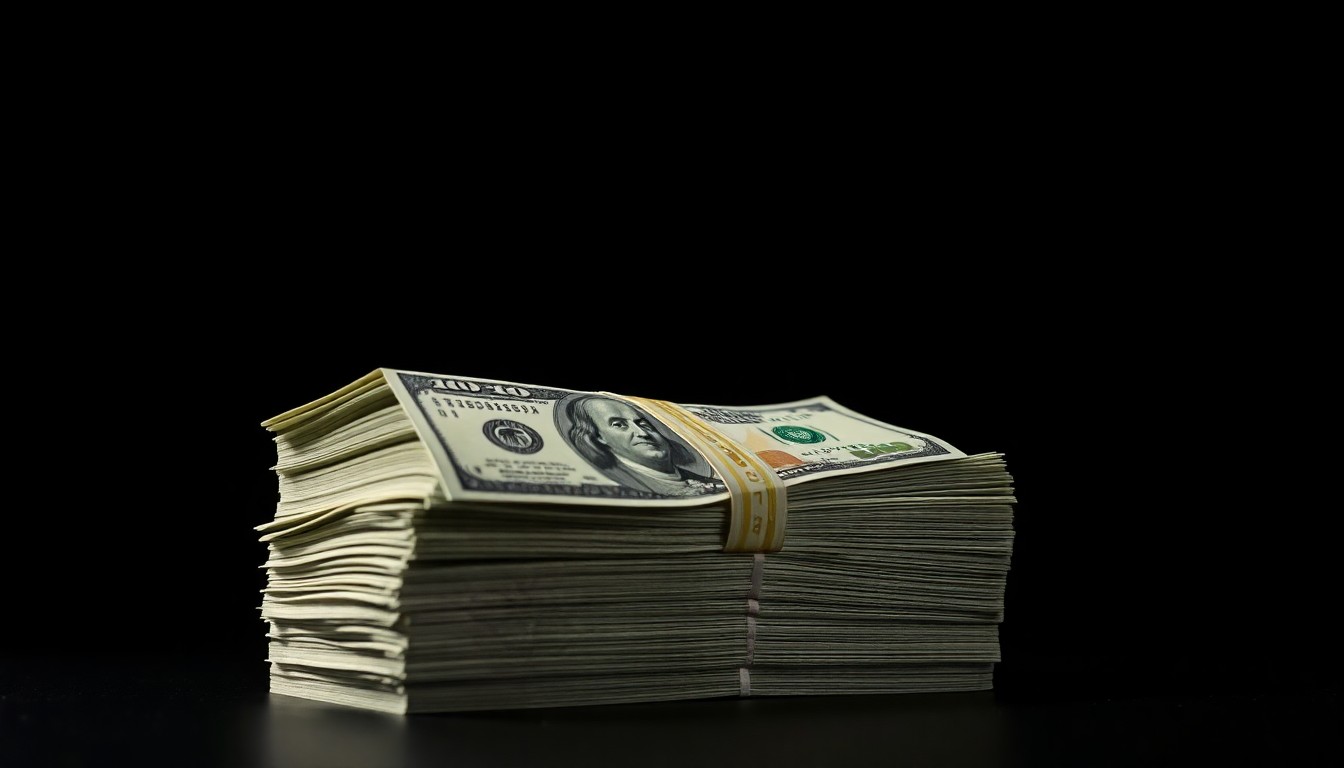 An extreme close-up photograph of a stack of hundred-dollar bills lit by a harsh, direct camera flash against a pitch-black background, conceptually representing the large sum of money stolen by the employee.