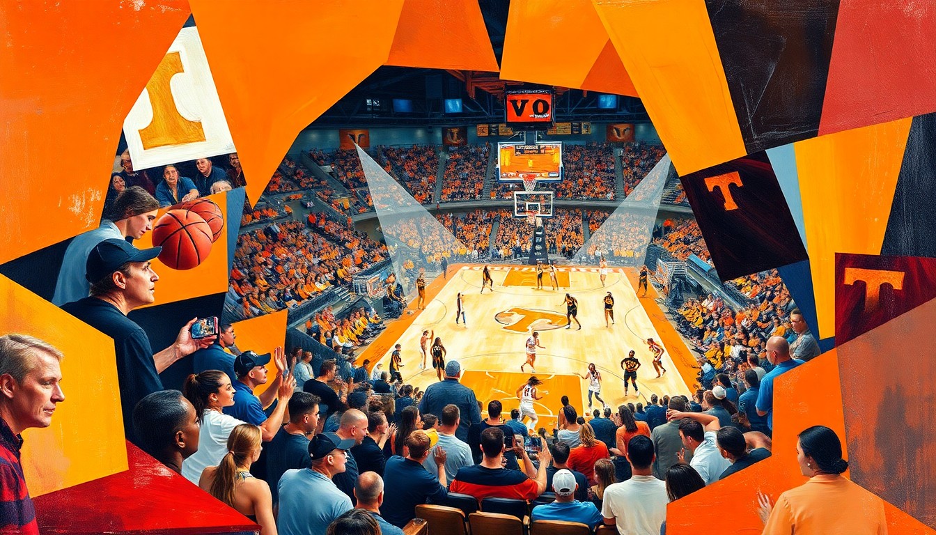 A cubist, geometric painting depicting a women's basketball game, with sharp, overlapping planes of color representing the players and action on the court.