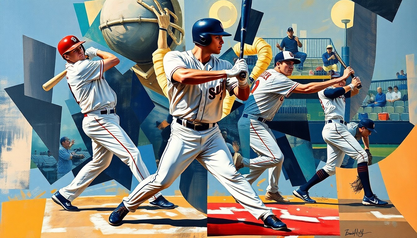 A fragmented, geometric painting depicting the various motions of a baseball player, with the figure's face and uniform broken down into abstract shapes and planes, capturing the energy and movement of the sport.