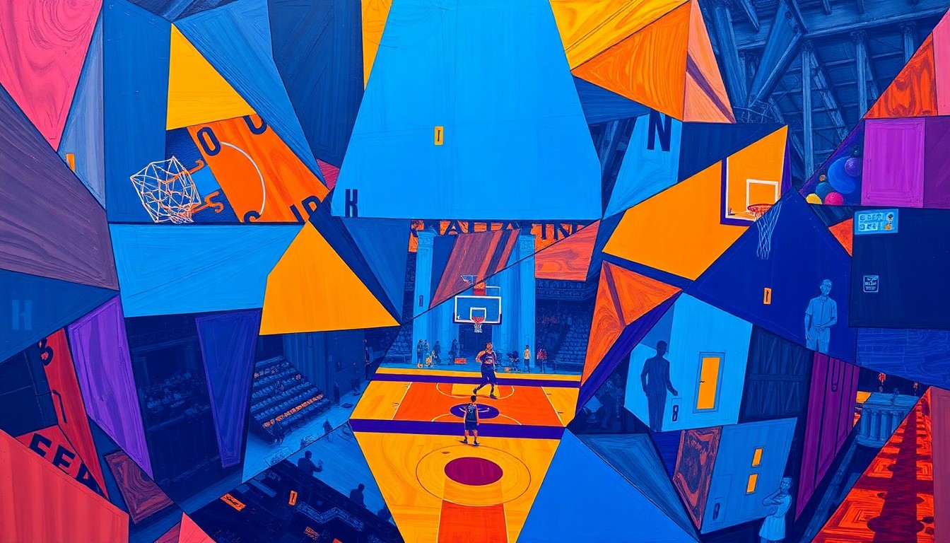 A cubist, geometric painting depicting a fragmented basketball game, with sharp planes of color and overlapping shapes representing the sport's emphasis on collaboration and multi-dimensional play.