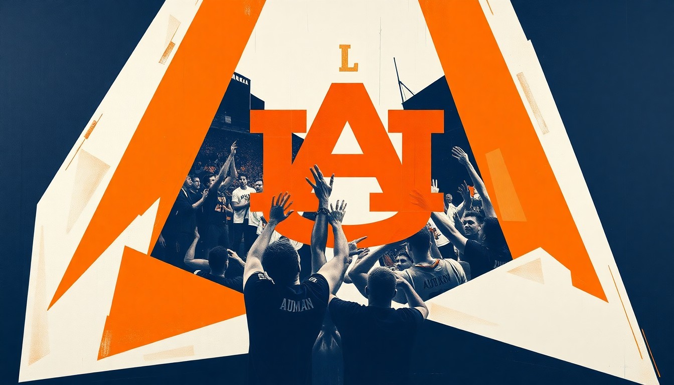 A cubist-style painting featuring sharp, overlapping geometric shapes in navy blue, burnt orange, and white, capturing the dynamic energy and movement of an Auburn basketball game or celebration.