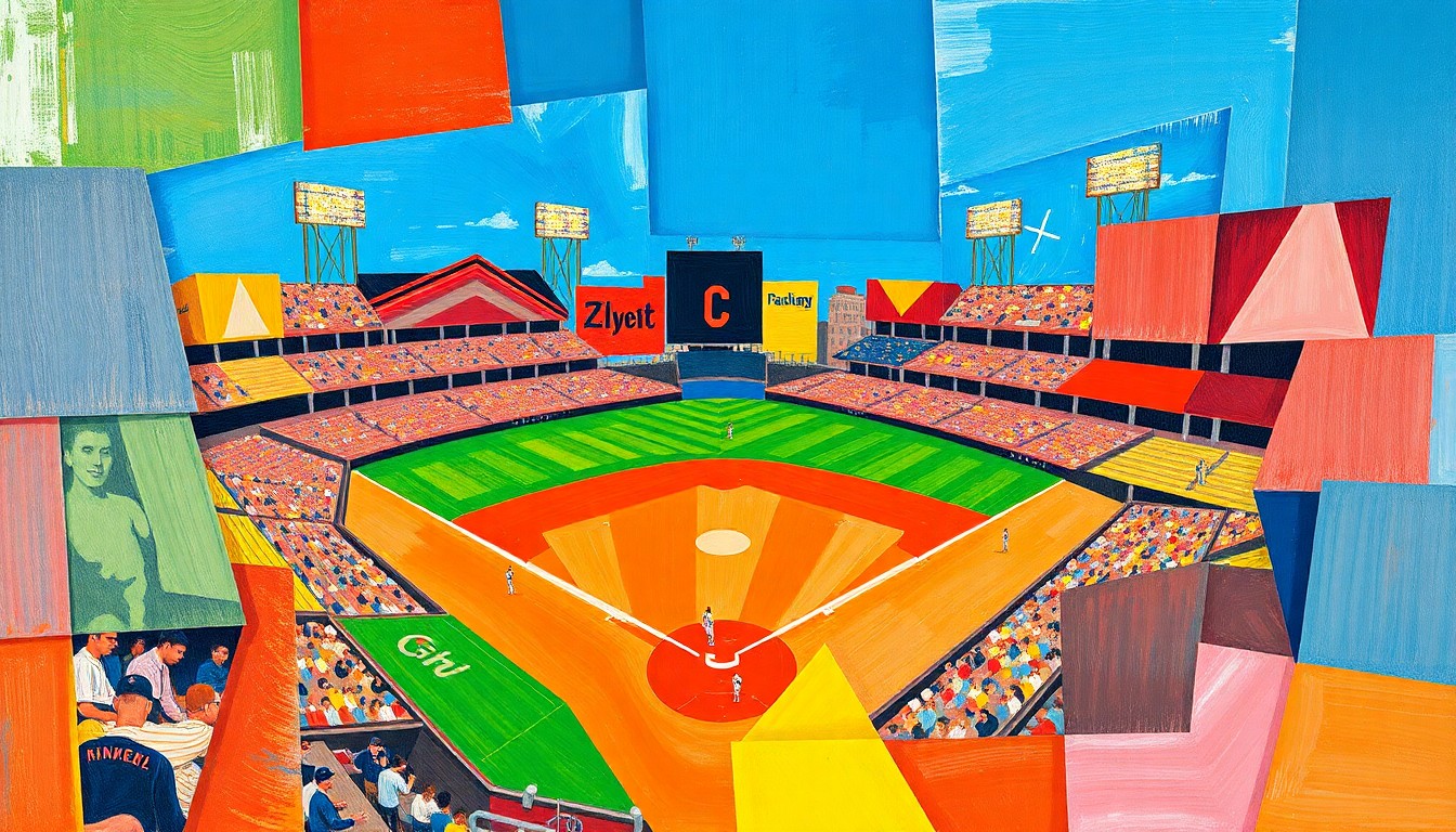 A cubist, geometric painting depicting a baseball game in motion, with overlapping planes of bright red, blue, and yellow shapes representing the dynamic action on the field.