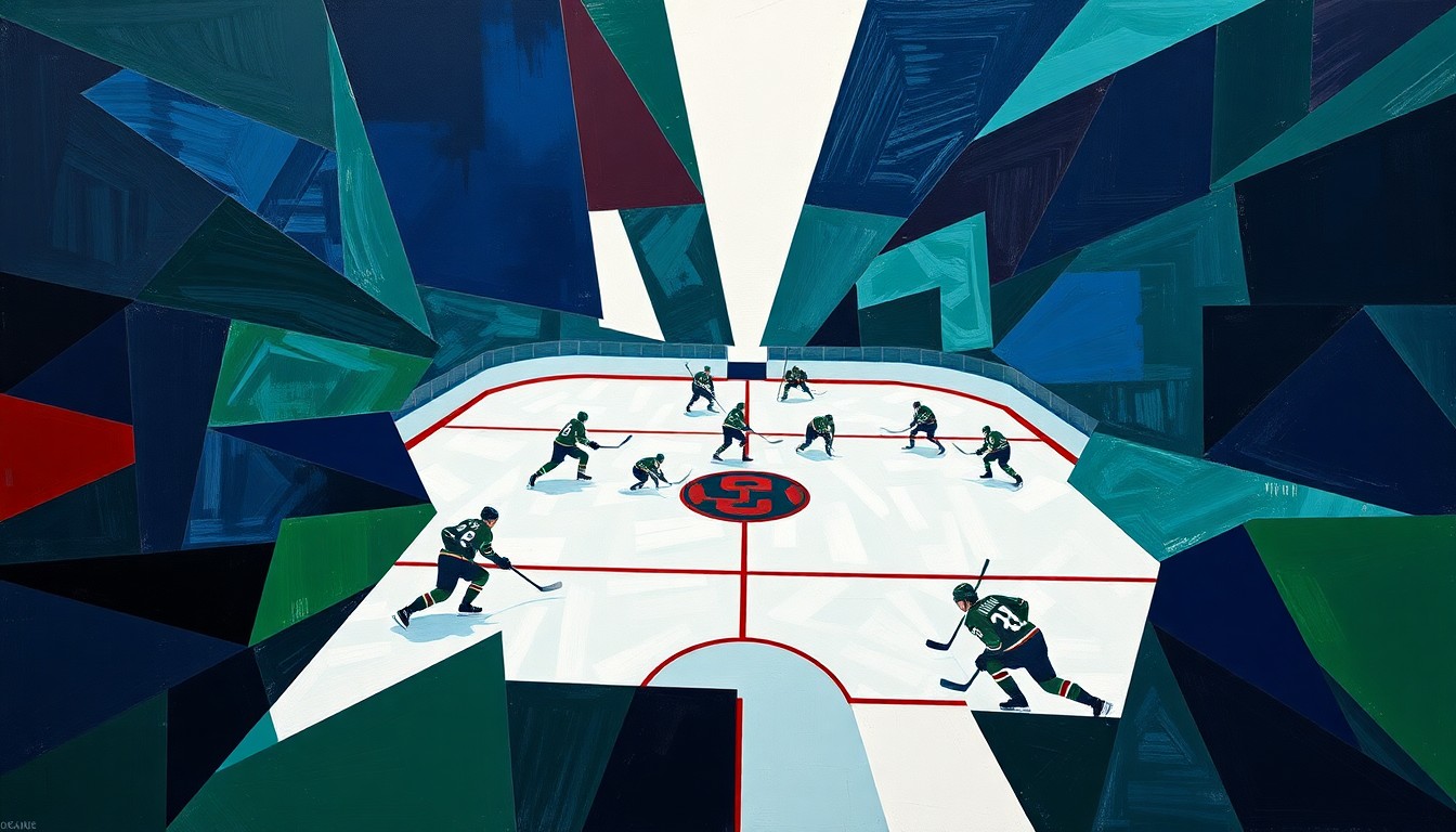 A cubist-style painting depicting a hockey game between the Dallas Stars and Minnesota Wild, with the players and puck rendered as sharp, overlapping geometric shapes in a palette of blues, greens, and reds.
