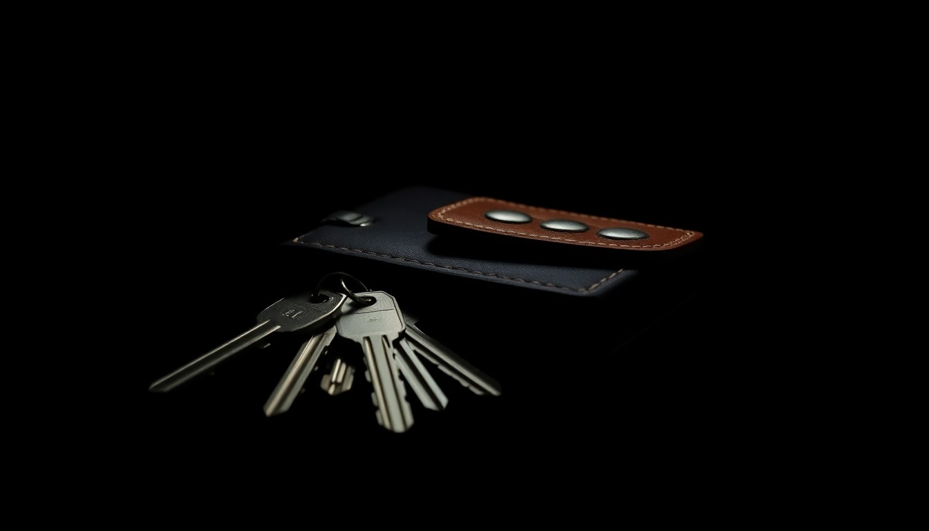 An extreme close-up photograph of a set of keys and a wallet with a leather strap, lit by a harsh, direct camera flash against a pitch-black background, conceptually representing the investigation into a stalking case.