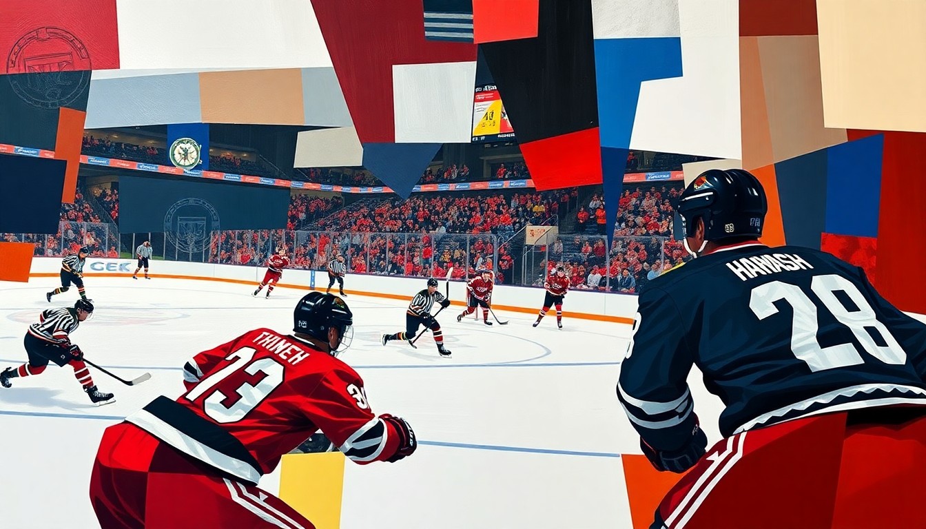A cubist, geometric painting depicting a hockey game, with fragmented and overlapping planes of color representing the players and action on the ice. The vibrant colors of the teams' uniforms create a dynamic and energetic visual.
