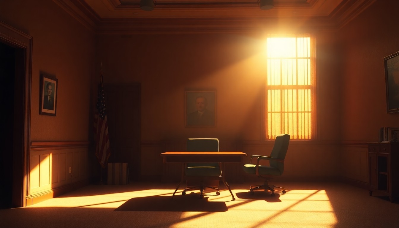 A dimly lit, cinematic painting of an empty political office space, with warm sunlight streaming through the windows and deep shadows casting an uneasy mood, conceptually representing the tensions surrounding the health rumors.