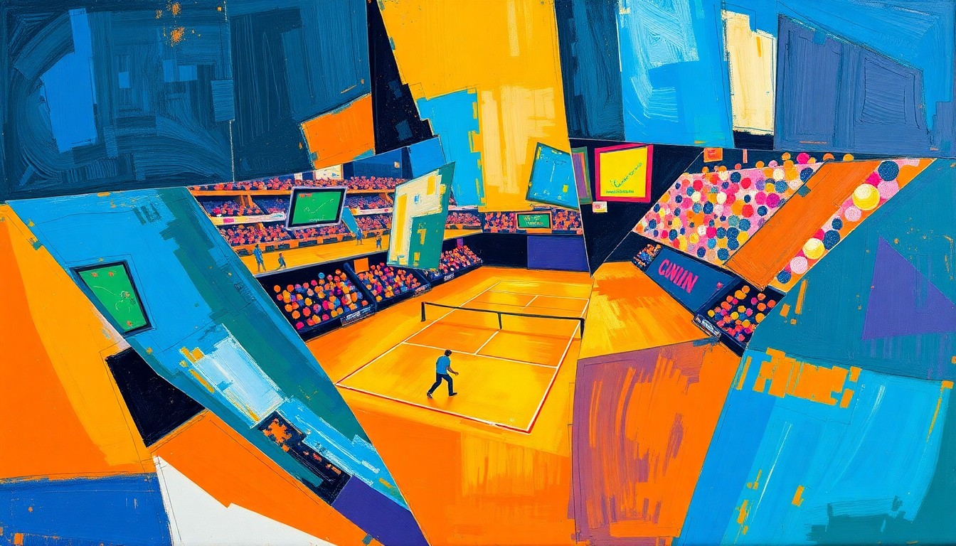 A cubist, geometric painting depicting a tennis match or competition, with sharp, overlapping planes of vibrant colors like electric blue, fiery orange, and deep purple, conceptually representing the strategic complexity and competitive intensity of Iga Swiatek's pursuit of the World No. 1 ranking.