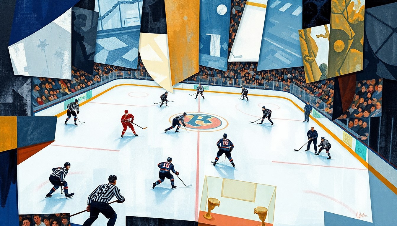 A cubist, geometric painting depicting a hockey game, with the players, ice, and arena broken down into overlapping planes of color and abstract shapes, capturing the dynamic energy of the sport.
