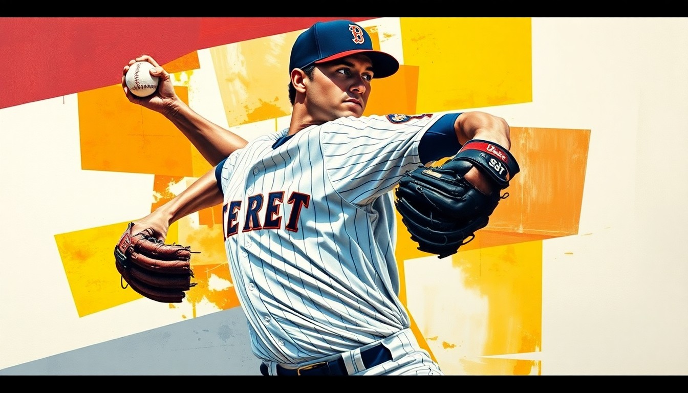 A cubist, geometric painting depicting the dynamic motion of a baseball pitcher, with their form fractured and deconstructed into sharp, overlapping planes of color and shape.