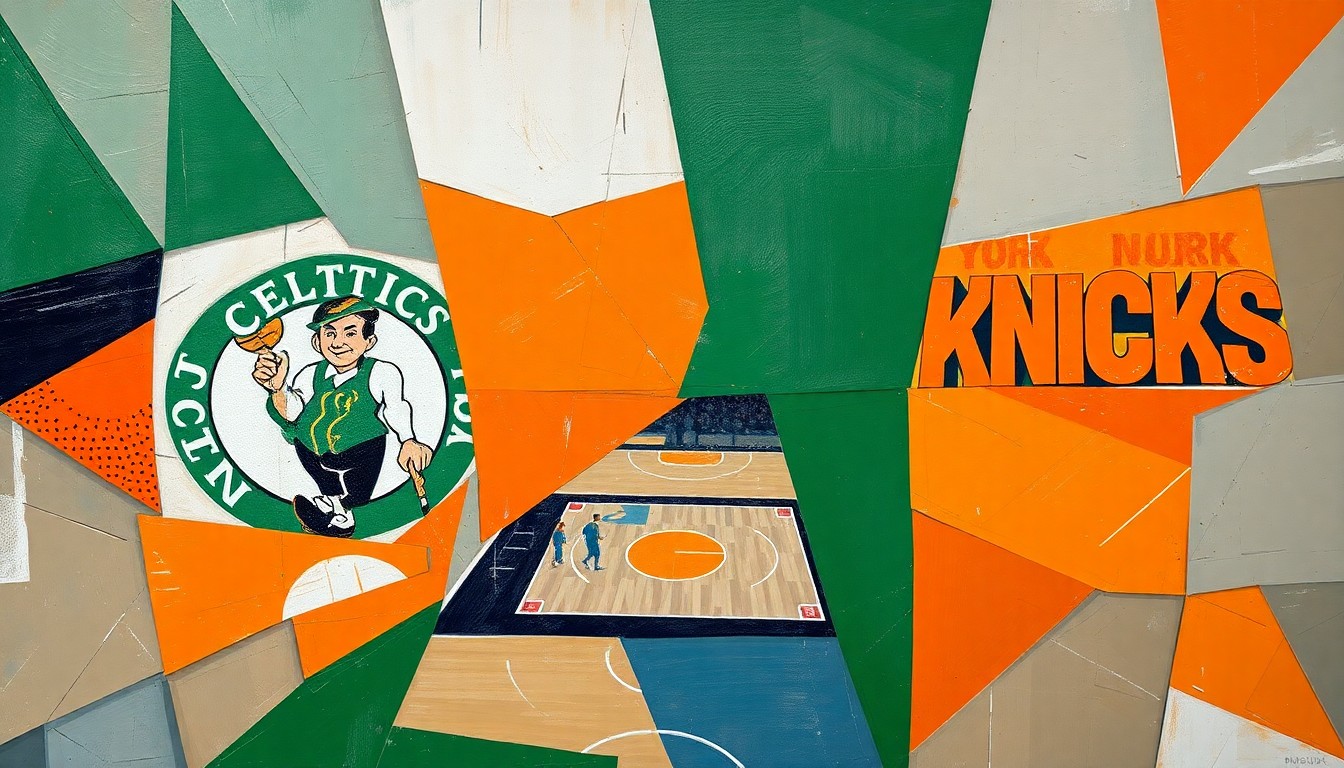 A fractured, cubist-style painting depicting a basketball game, with sharp geometric shapes in Celtics green, Knicks orange, and neutral grays, conveying the intensity and back-and-forth nature of the contest.