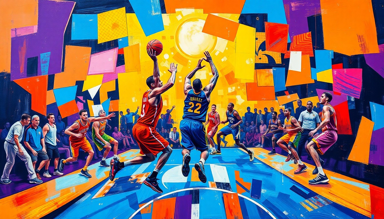 A fractured, geometric painting in bold colors depicting the dynamic movements and competitive spirit of a basketball game, with players' forms broken down into overlapping planes.