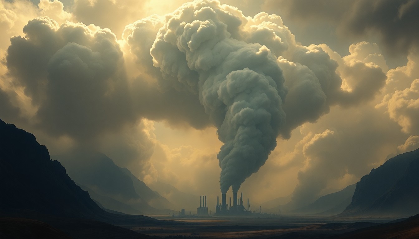 A dramatic, atmospheric landscape painting depicting a massive, billowing plume of smoke rising from an industrial facility, dwarfing the surrounding structures and conveying the overwhelming scale and power of the natural world.