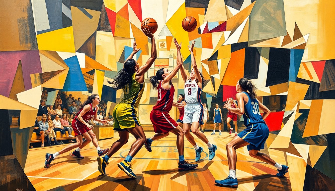 A fragmented, geometric painting in the style of Pablo Picasso, depicting the overlapping forms and perspectives of a women's basketball game or competition, with the players' figures broken down into abstract shapes and colors that capture the sport's raw energy and competitive spirit.