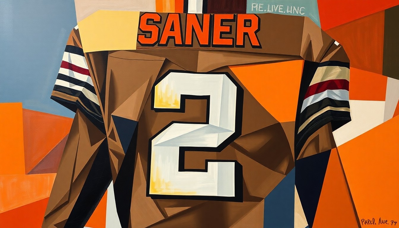 A cubist-style painting featuring fragmented, geometric shapes and planes in shades of orange, brown, and blue, conceptually representing the multifaceted narrative of Shedeur Sanders' jersey number switch and his rookie season with the Cleveland Browns.
