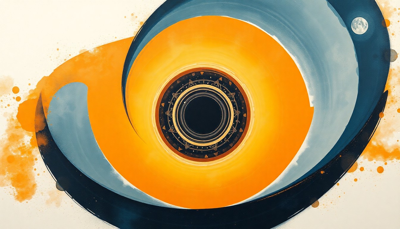 A bold, highly structured abstract painting in soft, earthy tones of ochre, sienna, and deep blue, featuring sweeping geometric arcs, concentric planetary circles, and precise botanical or physical spirals, conceptually representing the complex interactions between neutrons and protons within the dense heart of a neutron star.