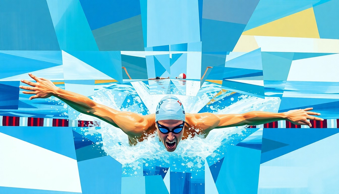 A fragmented, geometric painting in bold colors depicting the fluid movements and rapid transitions of a 400 IM swimmer, conveying the demanding nature of the event.