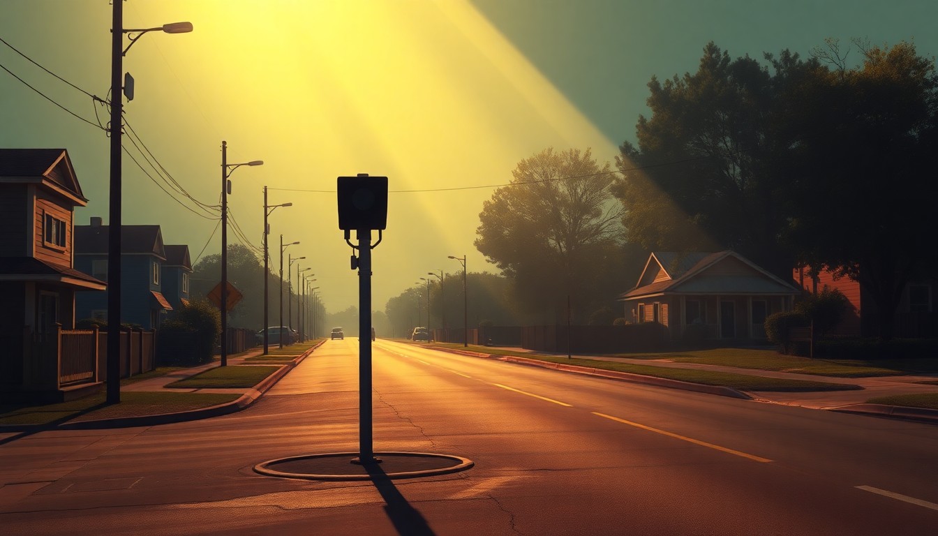 A photorealistic painting of a lone speed camera on a quiet suburban street, with warm sunlight casting long shadows across the pavement, capturing the contemplative mood of the county's new traffic enforcement approach.