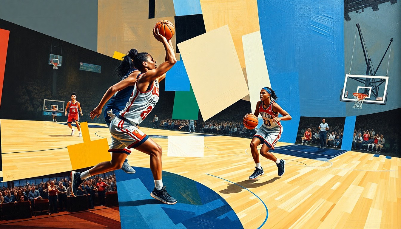A cubist, geometric painting depicting a fragmented WNBA basketball game, with players' figures broken down into abstract shapes and the ball and court lines creating a dynamic, fractured composition.