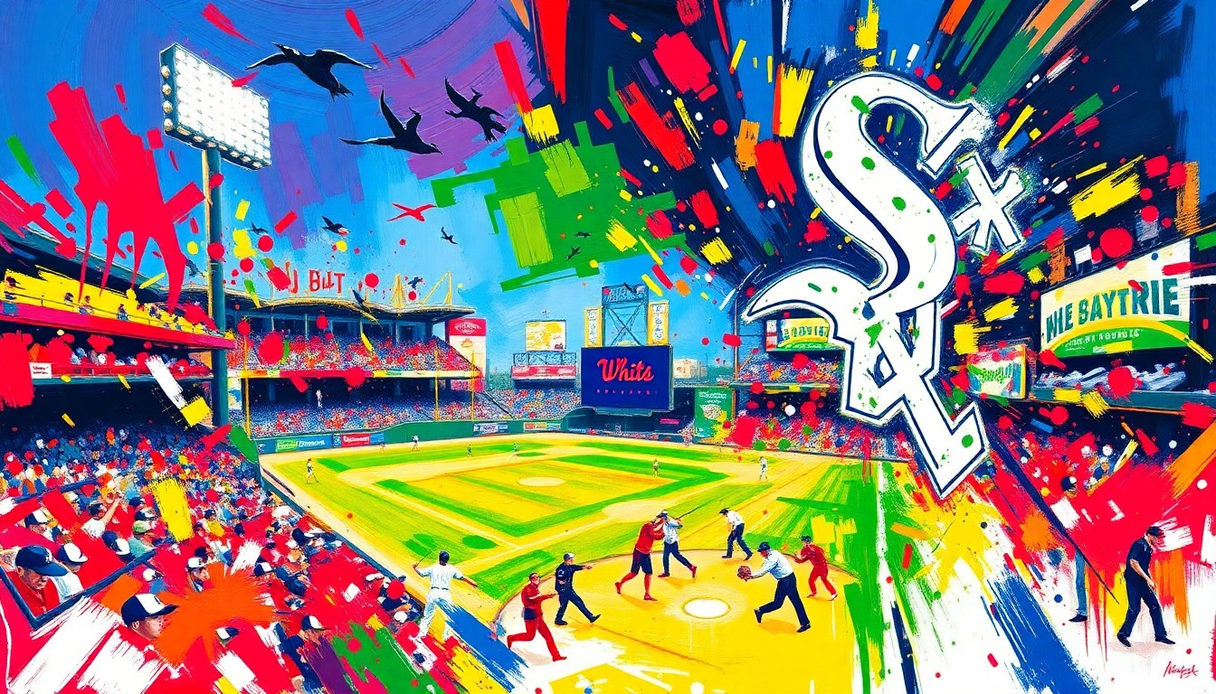 An abstract expressionist painting in vibrant neon colors, featuring rapid brushstrokes that capture the energy and movement of a baseball game, with the White Sox logo and a pope's miter hat design dissolving into unrecognizable splatters of paint.