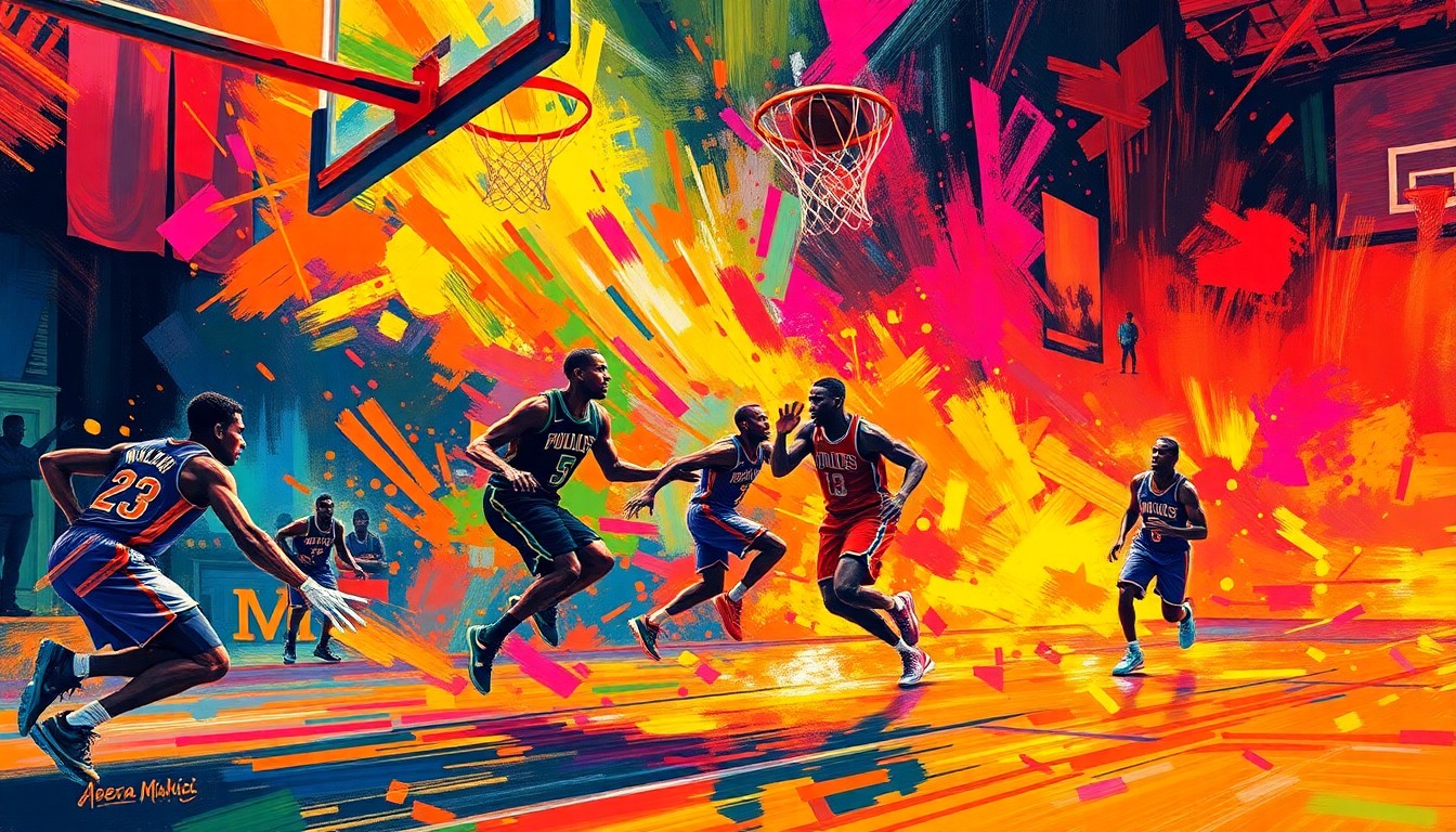 A vibrant, expressionist painting in neon colors capturing the raw energy and movement of a basketball game, with players' forms dissolving into energetic brushstrokes.