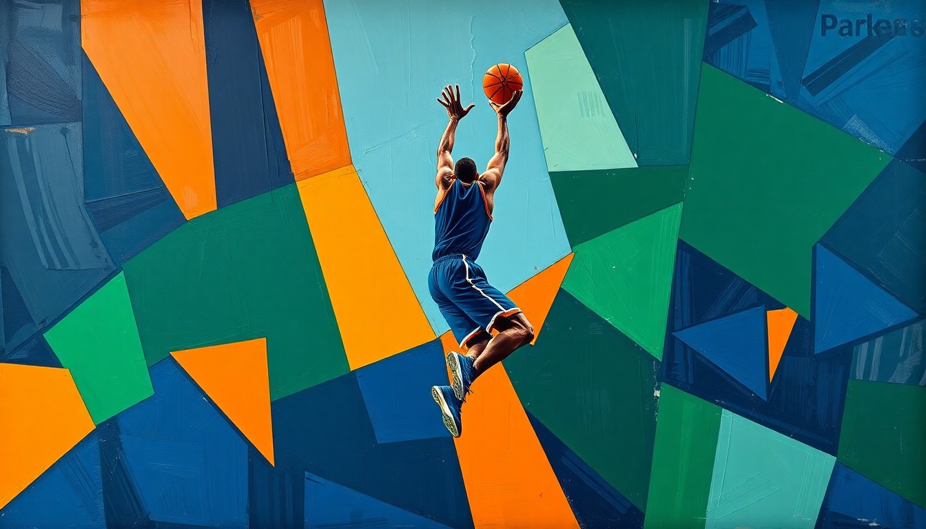 A cubist-style painting depicting a basketball player mid-jump shot, with their form broken down into sharp, overlapping geometric shapes in a palette of navy, green, and orange, conceptually representing the dynamic energy and skill Pate will bring to the Providence Friars.