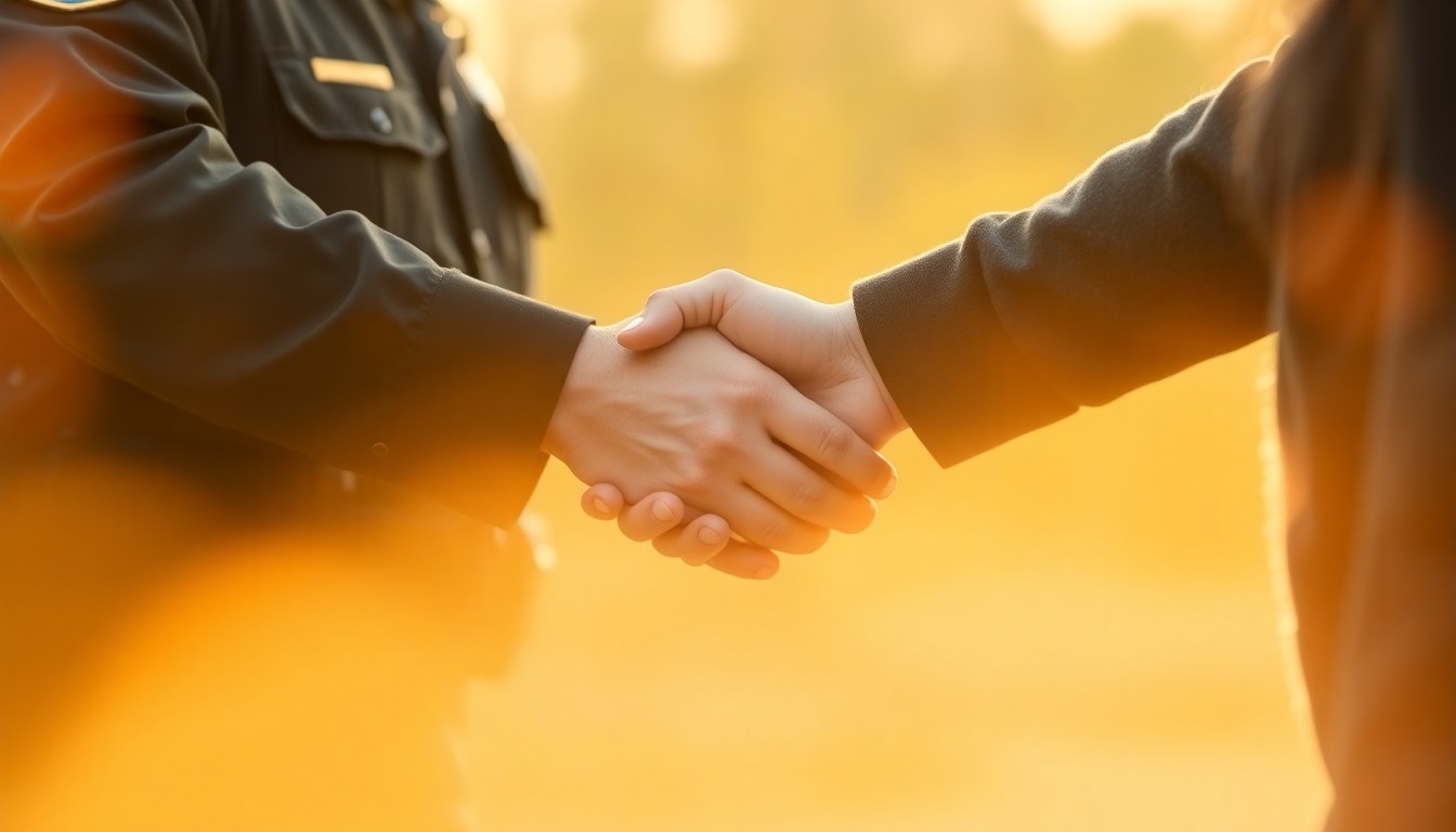 An extremely abstracted, out-of-focus photograph in soft pools of warm color and light, depicting the blurred silhouettes of a police officer and a community member shaking hands, symbolizing the importance of building trust and partnership between law enforcement and the public.