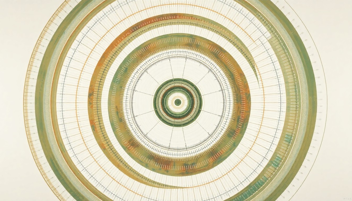 A highly structured abstract painting featuring sweeping geometric arcs, concentric circles, and precise botanical spirals in earthy tones of green, brown, and blue, conceptually representing the complex fusion and fission processes used to produce critical medical isotopes at the Chrysalis facility.