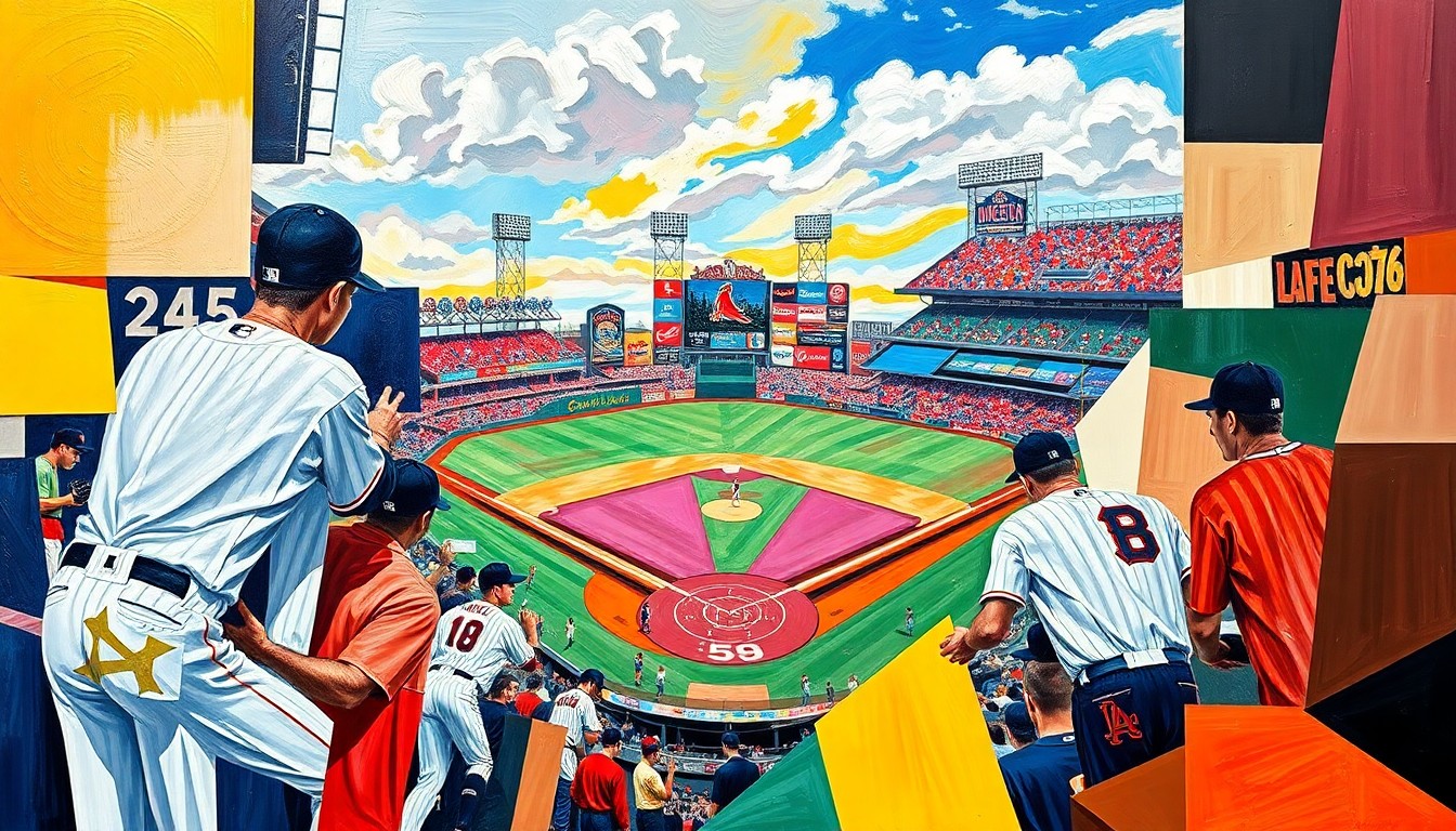 A fragmented, geometric painting depicting the dynamic action of a minor league baseball game, with the players and stadium environment broken down into overlapping planes of bright, vibrant colors.