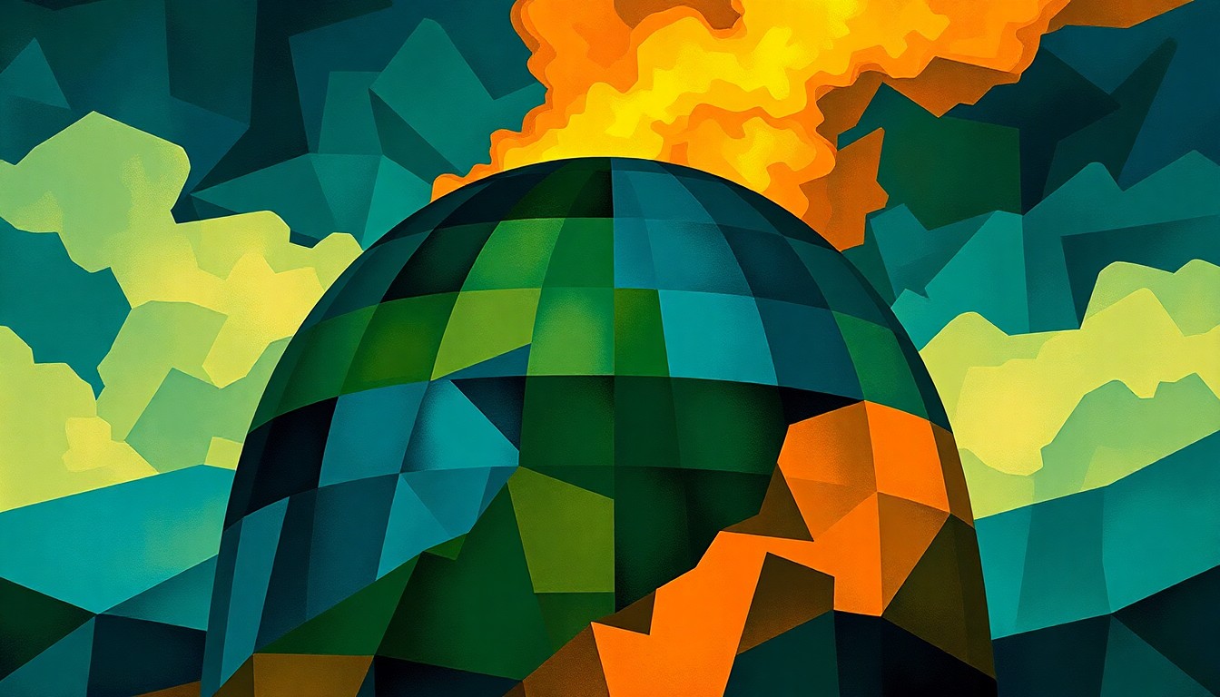 A dynamic, abstract painting depicting a nuclear reactor dome in shades of blue, green, and orange, conveying the complex and fragmented nature of the ongoing negotiations over Iran's uranium.
