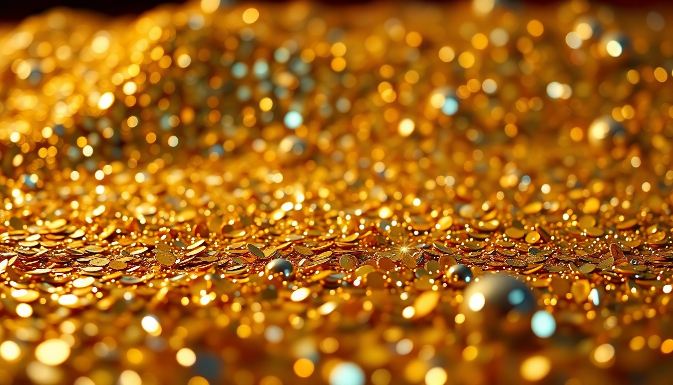 An extreme close-up of shimmering gold sequins and glittering disco ball fragments, captured in dramatic high-contrast studio lighting to evoke the glamour and opulence of the Oscars red carpet.