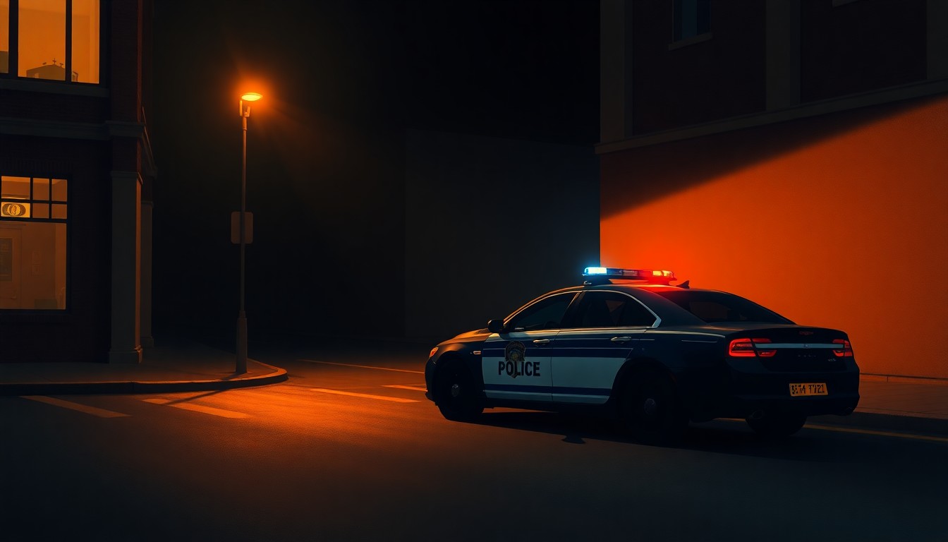 A serene oil painting depicting a solitary police car parked on a shadowy urban street, the vehicle's lights casting a warm glow against the surrounding darkness, conceptually representing the search for stable leadership within the Fargo Police Department.