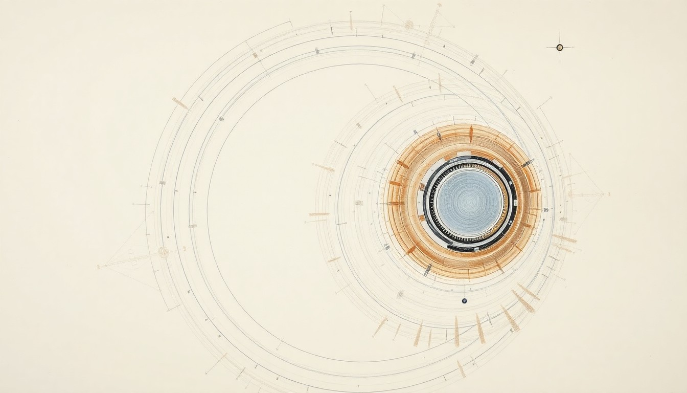 A bold, abstract painting in soft blues, greens, and oranges depicting the intricate systems and forces involved in the Artemis 2 spacecraft's entry, descent, and splashdown, conveying the structural order and technical precision of the mission without using any text or literal imagery.