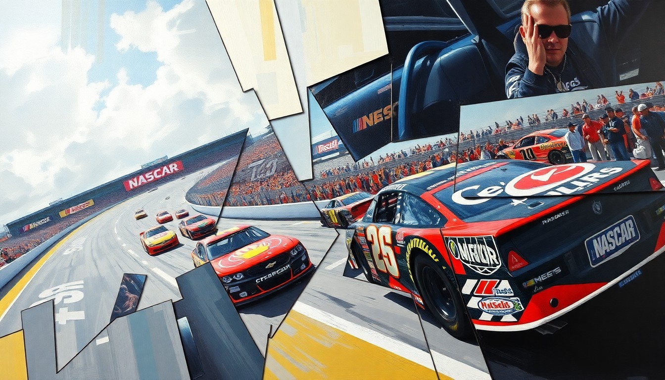 A fractured, multi-perspective painting depicting a NASCAR race or competition, with sharp, overlapping geometric planes in vibrant colors representing the dynamic action and competitive spirit of the sport.