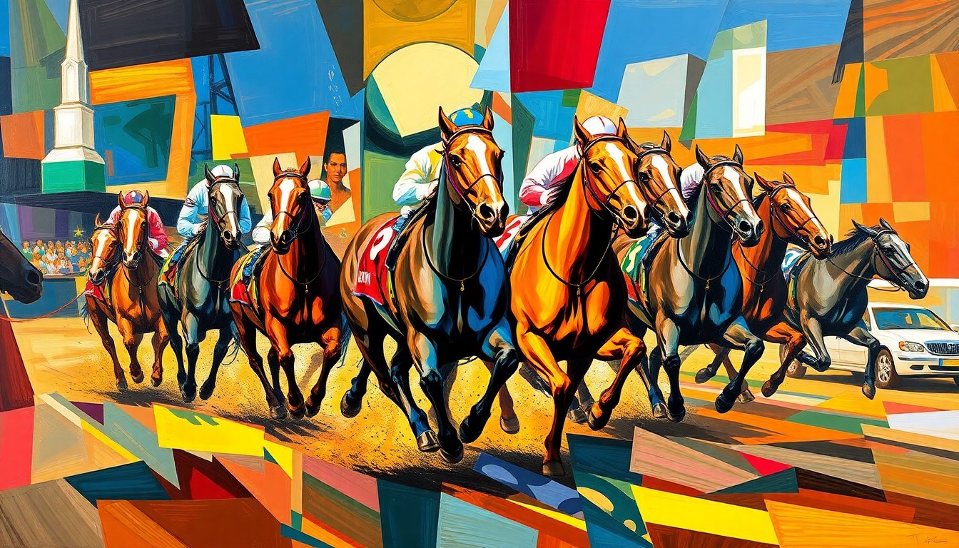 A fractured, cubist-style painting depicting the dynamic movement and energy of a harness racing scene, with vibrant colors and sharp, overlapping geometric shapes that capture the competitive spirit of the Bobby Weiss Series.