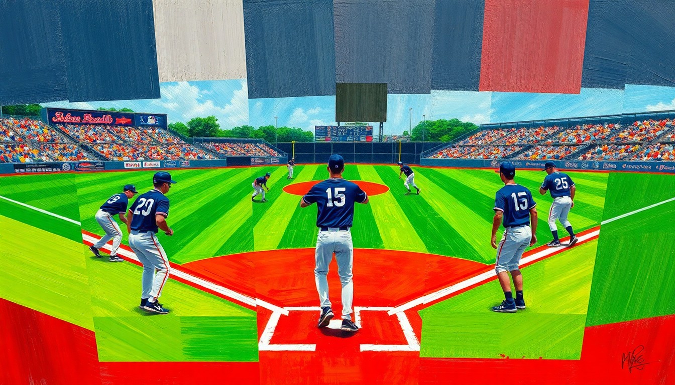 A cubist-style painting depicting a high school baseball game, with the field, players, and equipment broken down into overlapping geometric shapes and planes of vibrant colors.