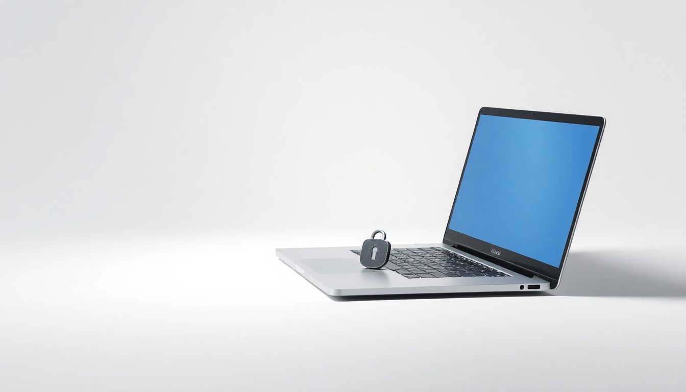 A minimalist studio still life photograph featuring a sleek laptop, a security token, and a stylized digital identity icon, symbolizing the secure access management solutions provided by Imprivata.