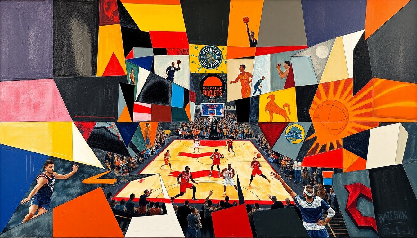 A cubist, geometric painting depicting a basketball game between the Houston Rockets and Phoenix Suns, with the players and court broken down into sharp, overlapping shapes and planes of color.